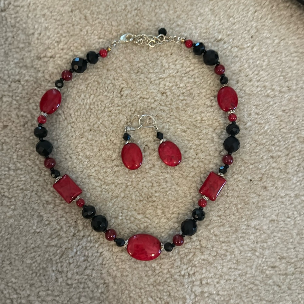 Red and black necklace and earring set